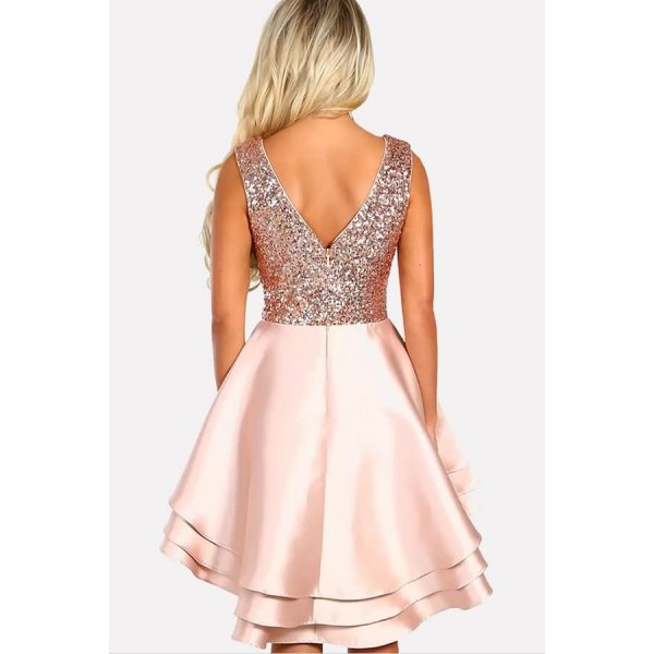 Pink Sequin Splicing Plunging Layered Sexy A Line Dress 