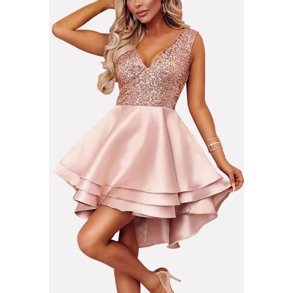 Pink Sequin Splicing Plunging Layered Sexy A Line Dress 