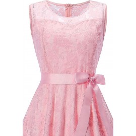 Pink Round Neck Sleeveless Zipper Back Lace Sheer Sexy A Line Dress