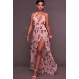 Light Pink V Neck Floral Embroidered Backless Convertible Maxi Dress
