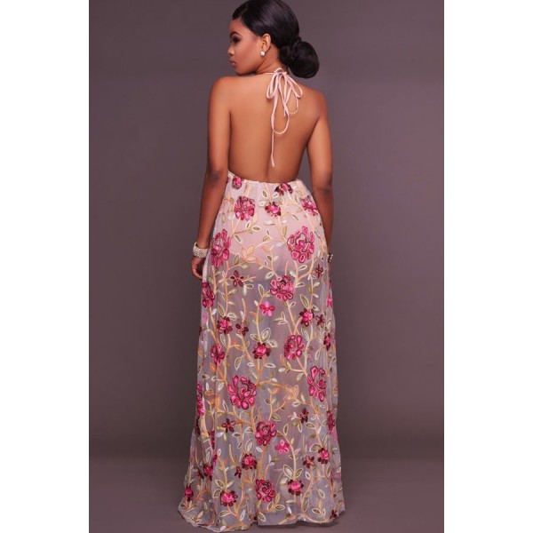 Light Pink V Neck Floral Embroidered Backless Convertible Maxi Dress 