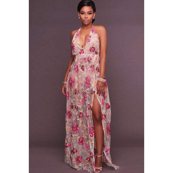 Light Pink V Neck Floral Embroidered Backless Convertible Maxi Dress 