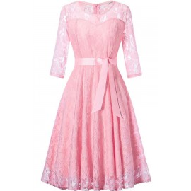 Pink Lace Sheer Round Neck Zipper Bow Sexy A Line Dress