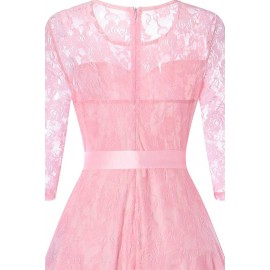 Pink Lace Sheer Round Neck Zipper Bow Sexy A Line Dress