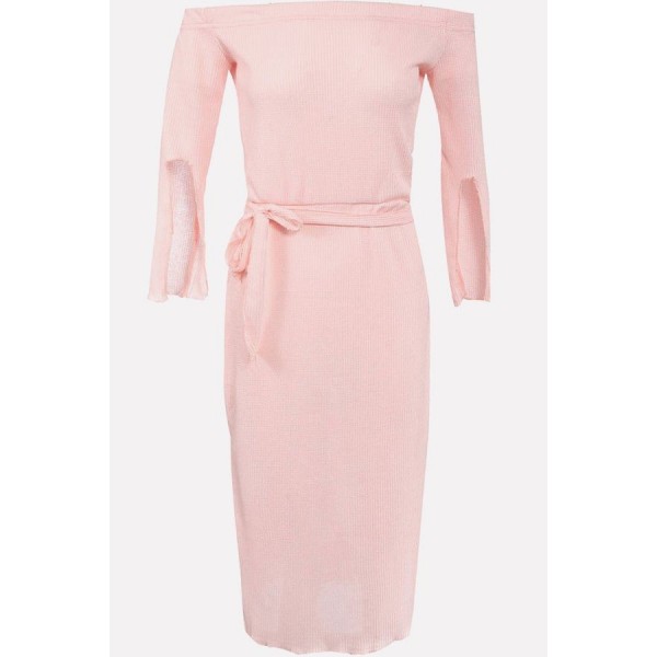 Pink Off Shoulder Tied Slit Sleeve Casual Dress 