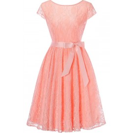 Pink Lace Sheer Cap Sleeve V Back Zipper Bow Sexy A Line Dress