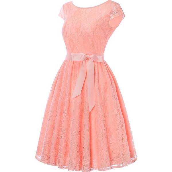 Pink Lace Sheer Cap Sleeve V Back Zipper Bow Sexy A Line Dress 