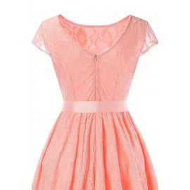 Pink Lace Sheer Cap Sleeve V Back Zipper Bow Sexy A Line Dress
