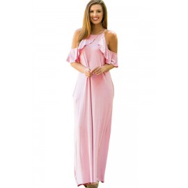 Light Pink Cold Shoulder Ruffled Pocket Decor Casual Maxi Slip Dress
