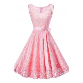 Pink V Neck Zipper Back Sleeveless Lace Sheer Bow Sexy A Line Dress