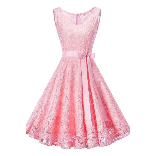 Pink V Neck Zipper Back Sleeveless Lace Sheer Bow Sexy A Line Dress