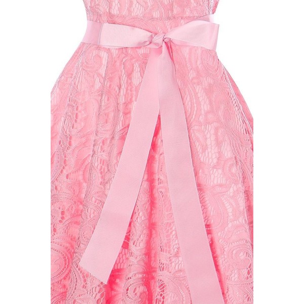 Pink V Neck Zipper Back Sleeveless Lace Sheer Bow Sexy A Line Dress 