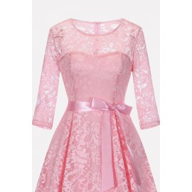 Pink Lace Floral Round Neck Tied Chic High Low Party Dress