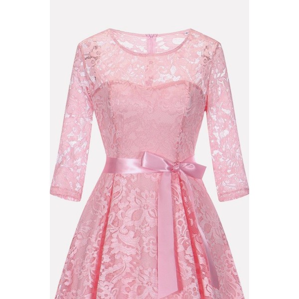 Pink Lace Floral Round Neck Tied Chic High Low Party Dress 