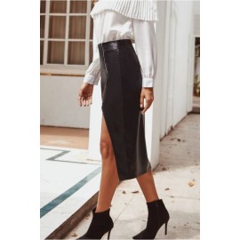 Black Faux Leather Zipper Up Slit Sexy Skirt