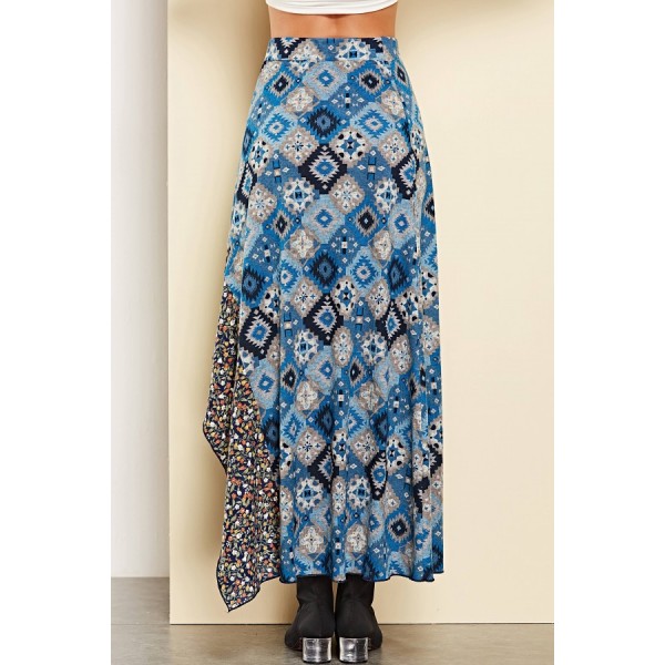 Blue Geometric Print Splicing Casual Skirt 