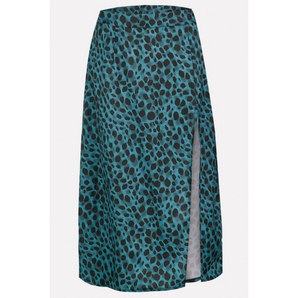 Teal Leopard Slit Casual Midi Skirt 