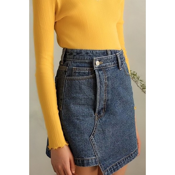 Blue Pocket Asymmetric Hem Chic Denim Mini Skirt 