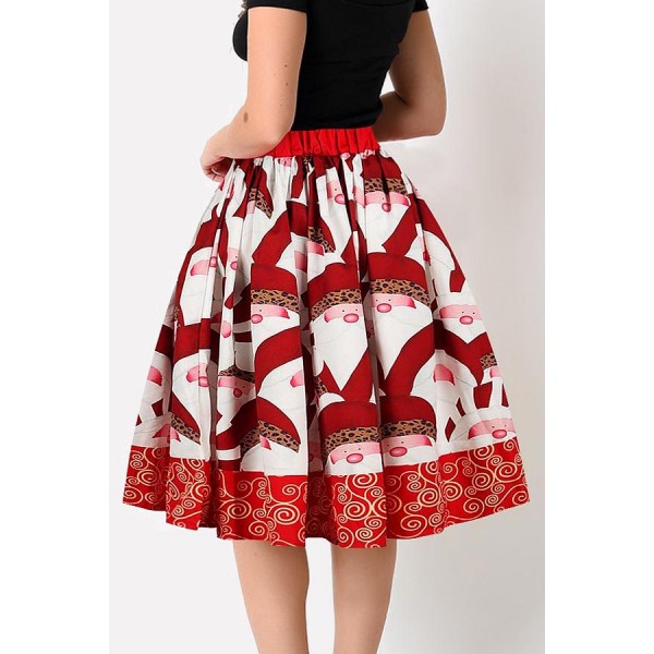 Red Santa Claus Print Elastic Waist Christmas Skirt 