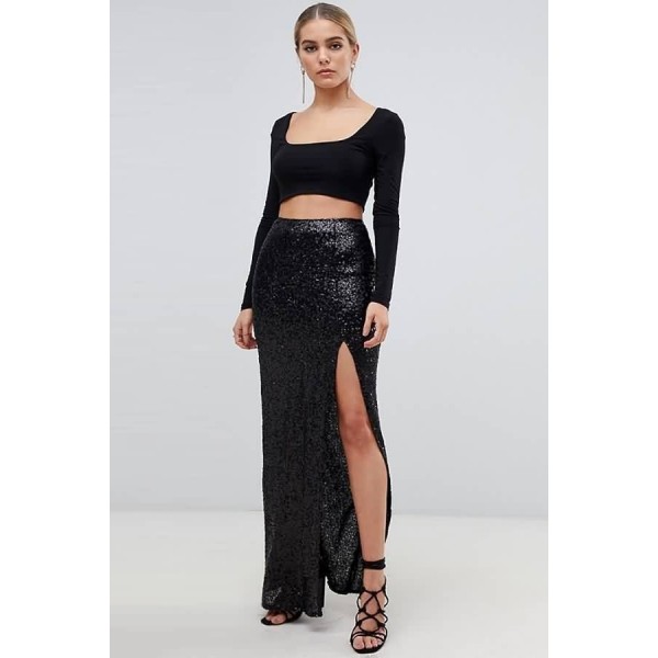Black Sequins Slit High Waist Sexy Bodycon Maxi Skirt 
