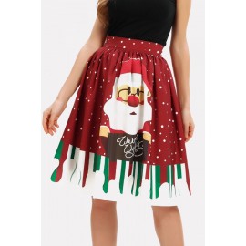 Dark-red Santa Claus Print Elastic Waist Christmas Skirt