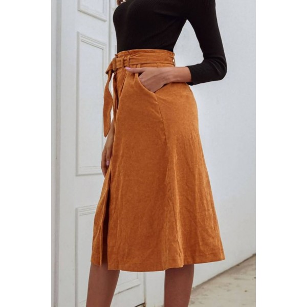 Brown Corduroy Button Up Belt High Waist Casual Skirt 
