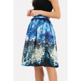 Blue Graphic Print Elastic Waist Christmas Skirt
