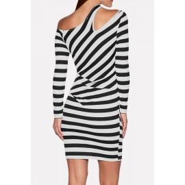 Black Stripe Long Sleeve One Shoulder Ruched Sexy Dress