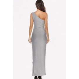 Silver One Shoulder Slit Sexy Maxi Party Dress