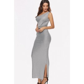 Silver One Shoulder Slit Sexy Maxi Party Dress