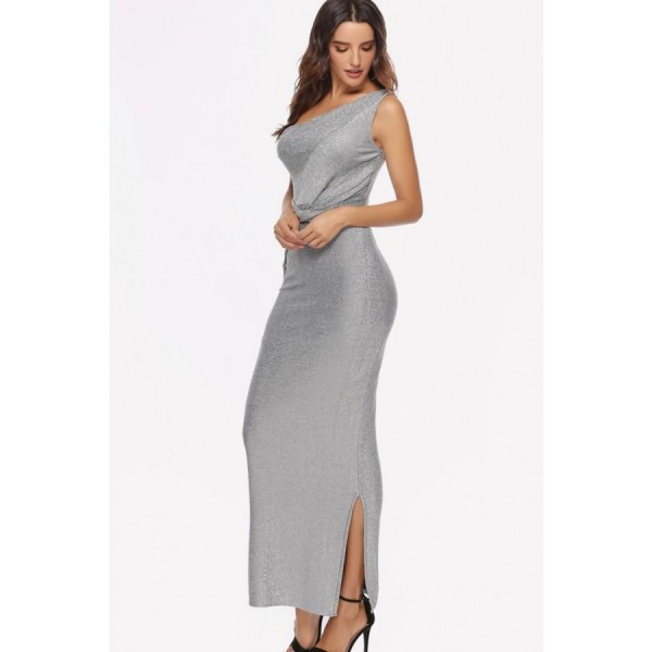 Silver One Shoulder Slit Sexy Maxi Party Dress 
