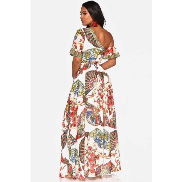 Multi Fan Floral Print One Shoulder High Slit Casual Maxi Dress 
