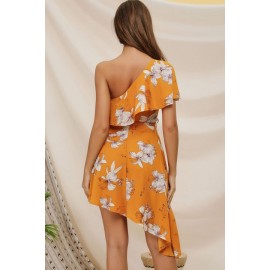 Orange Floral Print One Shoulder Ruffles Sexy Asymmetrical Dress