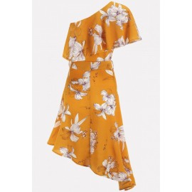 Orange Floral Print One Shoulder Ruffles Sexy Asymmetrical Dress