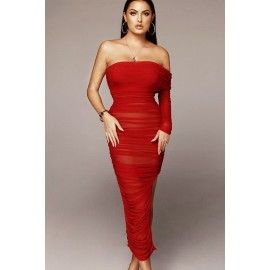 Red One Sleeve Ruched Mesh Slit Sexy Bodycon Party Dress