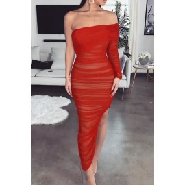 Red One Sleeve Ruched Mesh Slit Sexy Bodycon Party Dress