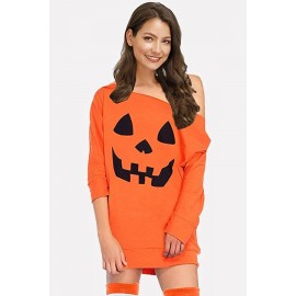 Orange Pumpkin Print One Shoulder 3/4 Sleeve Halloween Dress