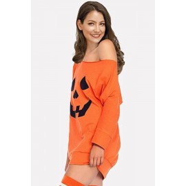 Orange Pumpkin Print One Shoulder 3/4 Sleeve Halloween Dress