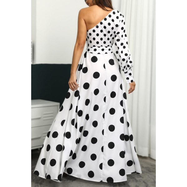 White Polka Dot Tied One Shoulder Casual Maxi Dress 