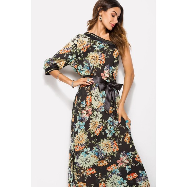 Black Floral One Shoulder Slit Bow Casual Maxi Dress 