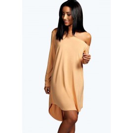 Apricot One Shoulder Long Sleeves Asymmetric Hem Casual Dress