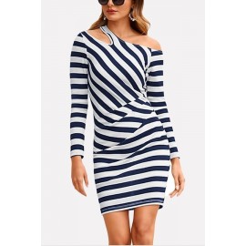 Dark-blue Stripe Long Sleeve One Shoulder Ruched Sexy Dress