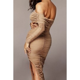 Apricot One Sleeve Ruched Mesh Slit Sexy Bodycon Party Dress