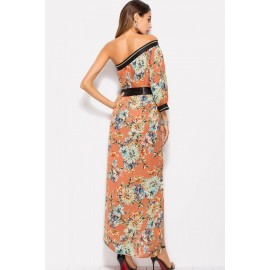 Coral Floral One Shoulder Slit Bow Casual Maxi Dress