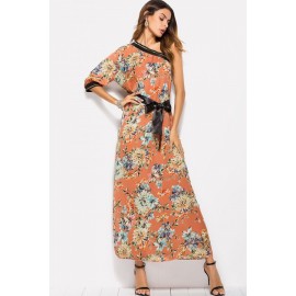 Coral Floral One Shoulder Slit Bow Casual Maxi Dress