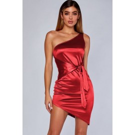 Red Satin Knotted One Shoulder Sexy Bodycon Party Dress