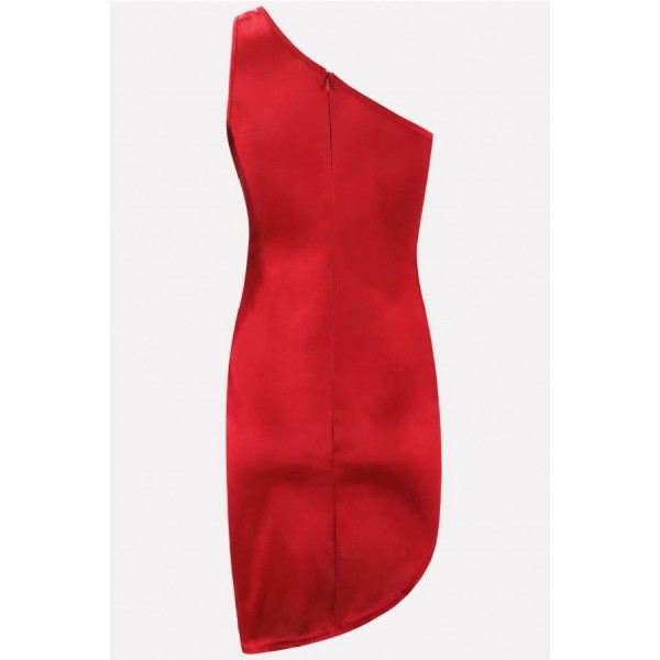 Red Satin Knotted One Shoulder Sexy Bodycon Party Dress 