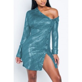 Teal Glitter Button Up Slit Hem One Shoulder Sexy Plus Size Dress