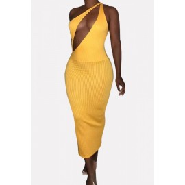 Yellow Ribbed Cutout One Shoulder Sexy Bodycon Dre..