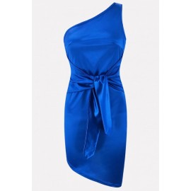 Blue Satin Knotted One Shoulder Sexy Bodycon Party Dress